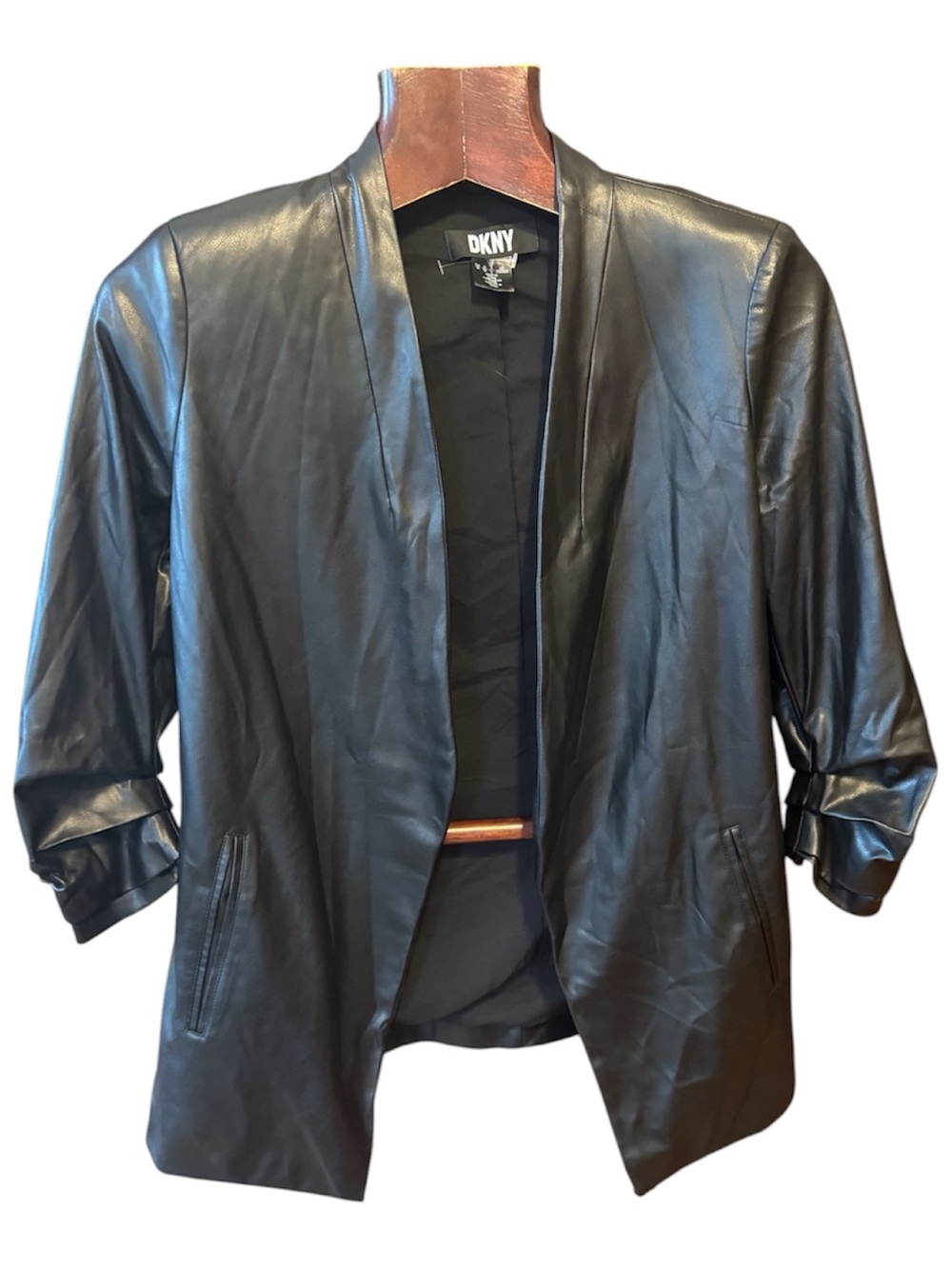 DKNY Black fine Leather Open-Front Blazer Jacket size M in like new condition